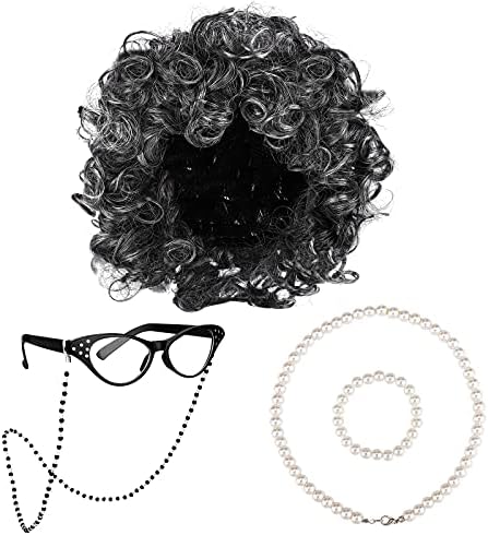 URATOT 5 Pieces Halloween Old Lady Wig Costume Set Grandma Wig Hair Rollers Glasses Chain Necklace Bracelet by URATOT