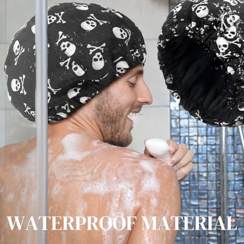 Shower Cap for Men Skulls Bath Cap, Reversible Large Waterproof Adjustable Shower Caps Terry Lining & Elastic Band Stretch Hem Hair Hat - Image 3