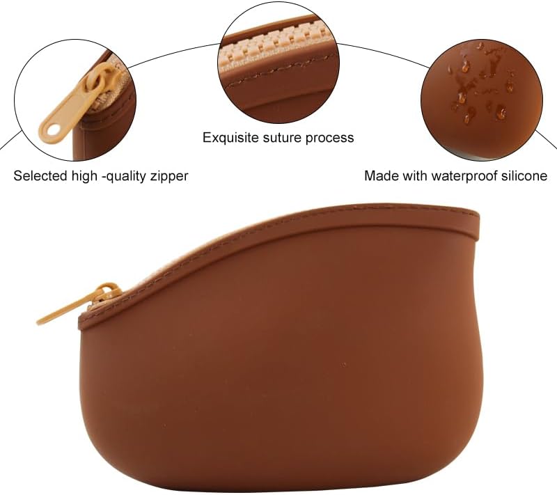 Small Makeup Bag Premium Silicone Purse Bag Multifunctional Essential Bag Zipper Pouch Water and Heat Resistant (Brown) - Image 3
