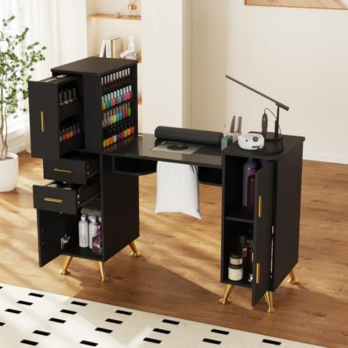 Kikihouse Nail Desk Manicure Table with Dust Collector & Glass Top (Black) - Image 2