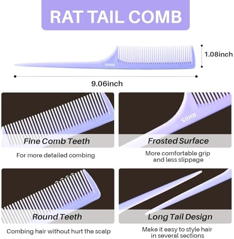RHOS Rat Tail Comb for Parting, Fine Tooth Teasing Comb with Pick, 2 Pack Hair Styling Combs Set for Women and Men, Pink & Purple, Plastic, Unisex - Image 6