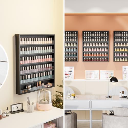 OmySalon Nail Polish Organizer Wall Mount - Holds 120+ Bottles with Acrylic Barrier, Salon Display Rack for Home Spa & Nail Studio - Assembly Required, Wooden Polish Storage (Black, 6-Tier) - Image 2
