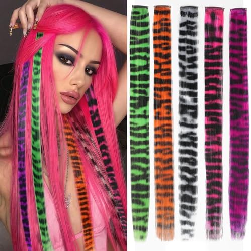 Ms Aloe 5 Pcs Leopard Print Clip in Hair Extensions 18inch Synthetic Straight Clip in Hair Extensions Stripe Printed Hairpiece Colorful Colored Hair Accessories for Women (5 Colors) by MsAloe