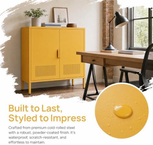 Yellow 2 Door Metal Storage Cabinet, Ventilated Accent Locker with 2 Adjustable Shelves, Freestanding 3 Tier Storage Sideboard Cabinet for Living Room Kitchen Bedroom Entryway Office - Image 6