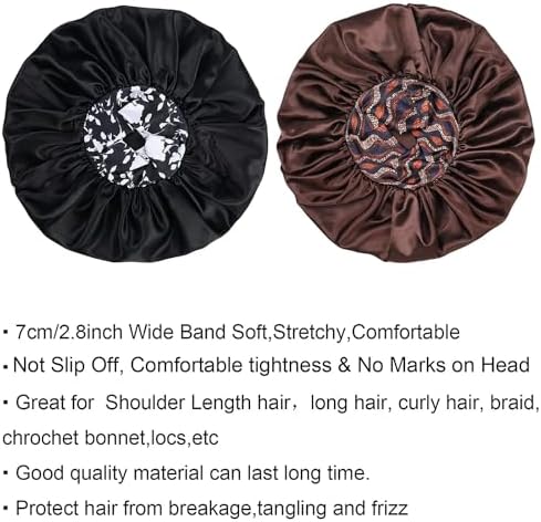 Silk Satin Bonnet Hair Cap: 2pcs 17inch Diameter Extra Large Jumbo Sleeping Satin Bonnets with Comfortable Flower Band - High Density Satin Bonnets for Women Braids Curly Night Cap（Black & Coffee） - Image 6