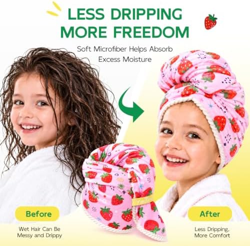 Years calm Microfiber Hair Towel for Kids,Large Dry Hair Cap Strawberry - Image 2