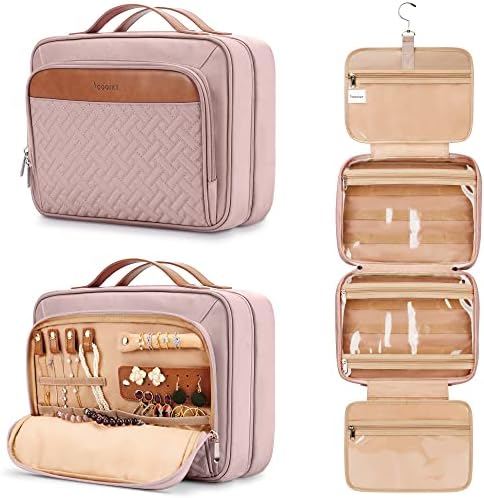 Travel Hanging Toiletry Bag for Women, Extra Large Makeup Bag, Holds Full-Size Shampoo, with Jewelry Organizer Compartment, Waterproof Cosmetic Bag, Toiletries Kit Set with Trolley Belt, Baby Pink by COOSKY