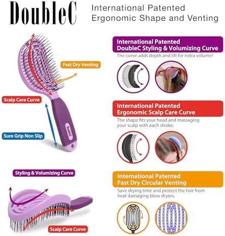 NuWay® DoubleC® Scalp Care Hair Brush – Patented Double Curve Design for Scalp Massage, Vented Blow-Dry Styling, Wet & Dry Hair, All Hair Types (Lavender) - Image 2