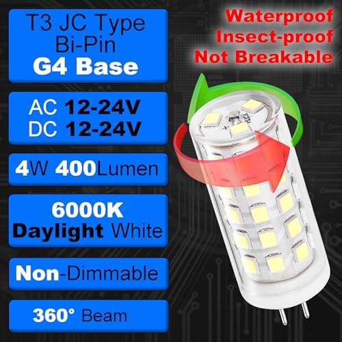 G4 Bi-Pin LED Bulb 6000K Daylight White 12V 24V T3 JC Type 4W 400lm, 8 Pack - Image 4