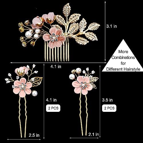 5 PCS Bridal Flower Wedding Hair Pins Crystal Pearl Hair Clips Headpiece Gold Wedding Hair Accessories Jewelry with Rhinestone for Brides Bridesmaids Women Girls Updo(Cherry Blossoms Pink) - Image 4