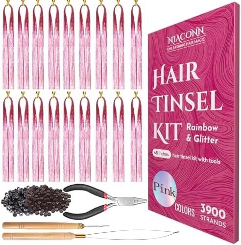 NIACONN Glitter Hair Tinsel Extensions Kit Pink with Tools and Beads, 48 Inch Sparkly Fairy Colorful Tensile Strands Shiny Hair Accessories for Women Girls Kids by NIACONN