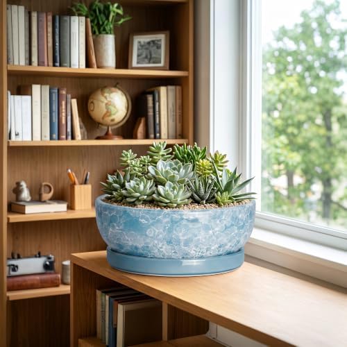 Succulent Planter, 13 Inch Ceramic Bonsai Pots, Droplet Blue - Image 3