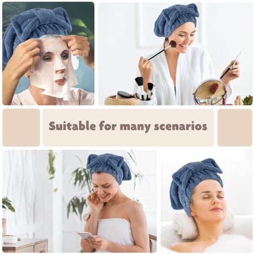 SUNLAND Large Microfiber Hair Drying Caps with Bow Knot 2 Pack Darkblue - Image 6