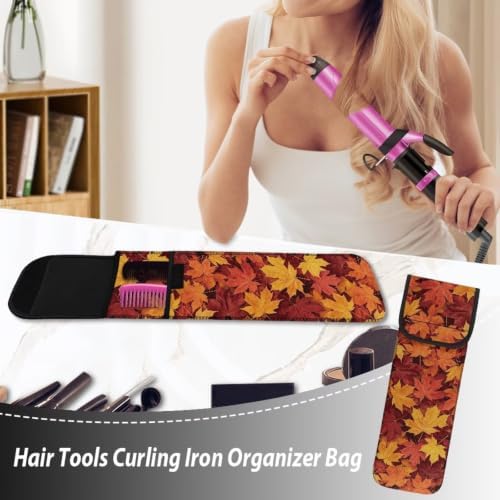 Orange Thanksgiving Maple Leaf Flat Iron Case Heat Resistant Neoprene Curling Iron Cover Bag with Pocket Curling Iron Organizers and Storage for Flat Iron, Straightener, Curling Wand/Curling Iron - Image 5
