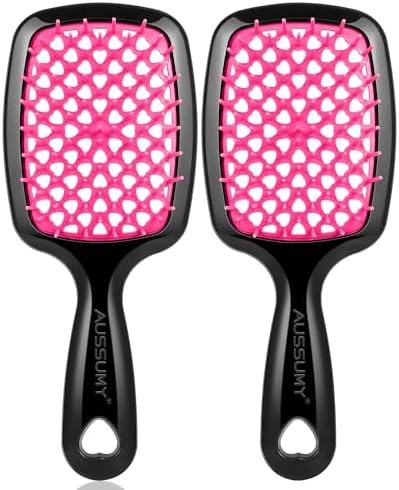 2 Pack Vented Detangling Hair Brush - Detangler Hairbrush with Soft Bristles for Effortless Tangle Free -Ideal for Natural Curly Straight Wet Dry Damaged Hair for Women Men Kids - Magenta by Aussumy