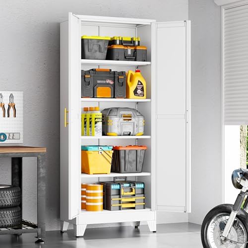 71" White Metal Storage Cabinet with 2 Doors and 4 Adjustable Shelves,Steel Garage Tool Cabinet, File Cabinet,Kitchen Pantry Cabinet for Home,Office,Garage,School,Warehouse - Image 2