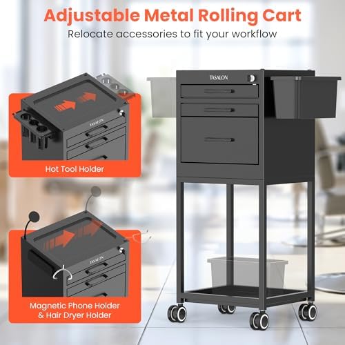 TASALON Salon Trolley Cart with Wheels, Lockable Metal Rolling Cart with Drawers, Magnetic Bowls & Phone Holder, Mobile Storage Organizer for Hair Stylist, Barber & Tattoo Supplies, Black - Image 4