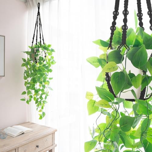 Mkono Fake Hanging Plant, Macrame Hanger with Pothos Vines & Pot, Black - Image 4