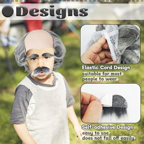 Old Man Bald Cap,Short Grey Bald Cap with Side Hair,Grandpa Wig with Glasses Mustache Eyebrows for Mens Halloween Cosplay Costume - Image 4