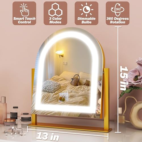 FENNIO Large Vanity Mirror with Lights - 15.5"x13" LED Lighted Makeup Mirror with Lights, 10X Magnification, Touch Screen with 3-Color Lighting, Dimmable, for Vanity Desk Tabletop, Bedroom（Gold） - Image 6