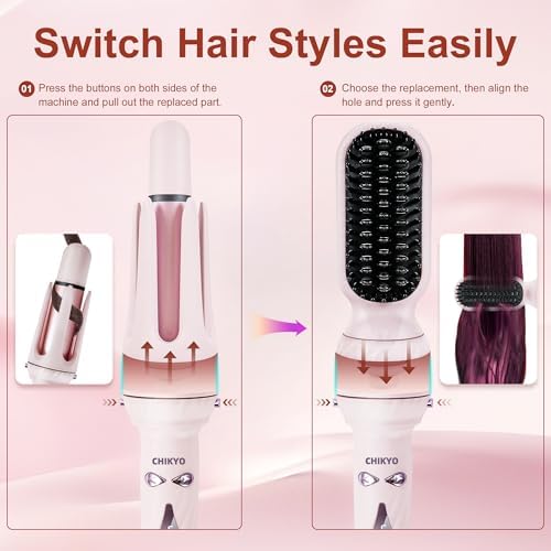 CHIKYO 3 in 1 Multifunctional Hot Tool, Automatic Curling Irons with 2 Ceramic Barrel(1", 1.25") & Hair Straightener Brush, Hair Curler & Straightening Comb, Colored Pink - Image 7