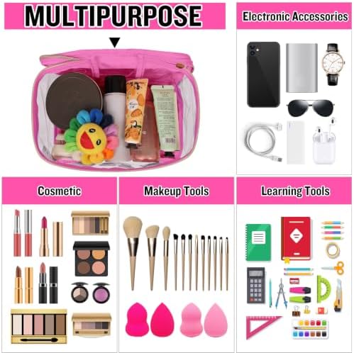 Chenille Letter Clear Makeup Bags Stuff Pouch, Preppy Patch Makeup Bag Zipper with Handle, Transparent PVC & Nylon Waterproof Glitter Cosmetic Handbag Travel Toiletry Storage for Women(STUFF-Rose) - Image 6