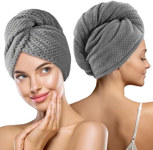 MaopaoBeauty 2 Pack Hair Drying Towels, Hair Towel Wrap, Absorbent Microfiber Hair Towel Turban with Button Design to Dry Hair More Quicker, Grey by BESTCHOICEFORYOU%EF%BC%81