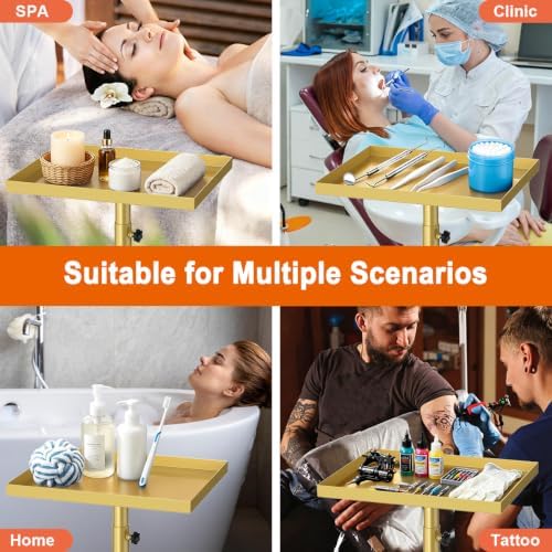 Salon Tray Cart Tattoo Tray Rolling Cart, Service Rolling Tray, Height Adjustable Styling Tray, Storage Tray Trolley for Beauty Salon Clinic Spa (Champagne Gold) - Image 6