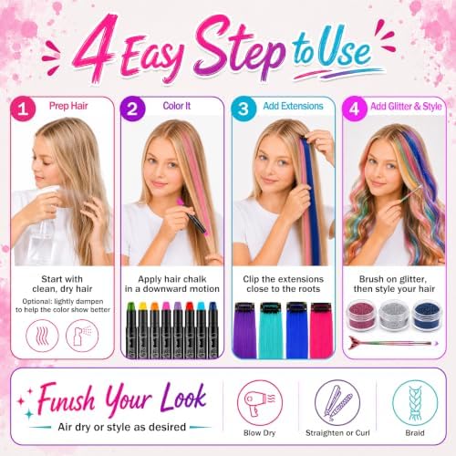 Jim&Gloria Dustless Hair Chalk for Girls Washable with Clip in Hair Extensions, Brushes and Glitters, Temporary Color Dye, Gifts for Teen Girl Trendy Stuff, Teenage 7 8 9 10 11 12 13 14 Year Old - Image 3