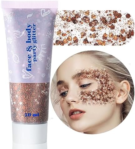 MEICOLY Brown Body Glitter,Deer Maroon Face Glitter Gel,Holographic Mermaid Sequins Halloween Glitter Face Paint,Self-Adhesive Chunky Glitter for Face Body Hair,Glitter Makeup for Women and Kids by MEICOLY