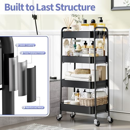 TOOLF 4 Tier Metal Rolling Cart, Utility Storage Cart with Wheels, Black - Image 3