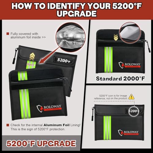 ROLOWAY Fireproof Bag (9.6 x 6.6 inches) 5200℉ Heat Insulated with Reflective Strip, Fireproof Money Bag with Zipper for Cash (2-Pack Black) - Image 6