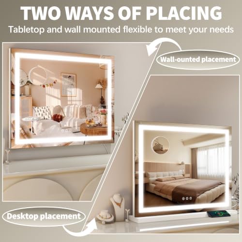 FENNIO 23" x 18" Vanity Mirror with Lights，LED Makeup Mirror，Hollywood Mirror with 3 Color Modes & Adjustable Brightness，Vanity Mirror Square White - Image 4