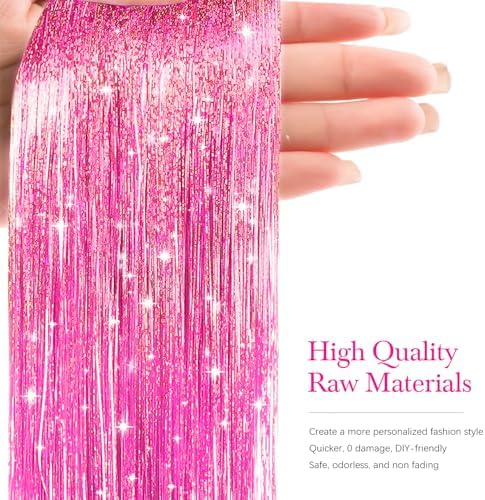 Hair Tinsel 8 Packs 1600 Strands 50 Inch Tinsel Hair Extensions Deep Rose Red Heat Resistant Glitter Sparkling Shinny Fairy Hair Accessories for Women(Deep Rose Red, 50Inch) - Image 2