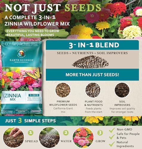 Earth Science Zinnia Wildflower Mix—6lb – 3-in-1 Seeds Plant Food & Soil Conditioner – Non-GMO Vibrant Blooming Flowers for Gardens Low Maintenance Attracts Pollinators – Covers 600 Sq Ft Eco-Friendly - Image 3