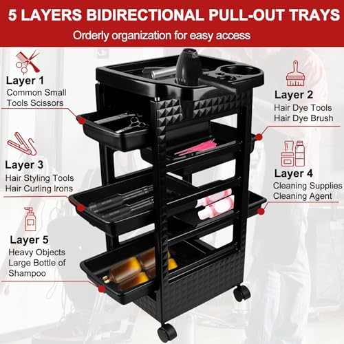 Roixeeds Salon Trolley Cart with Wheels and 5 Drawers, Salon Rolling Cart for Hair Stylist - Image 3