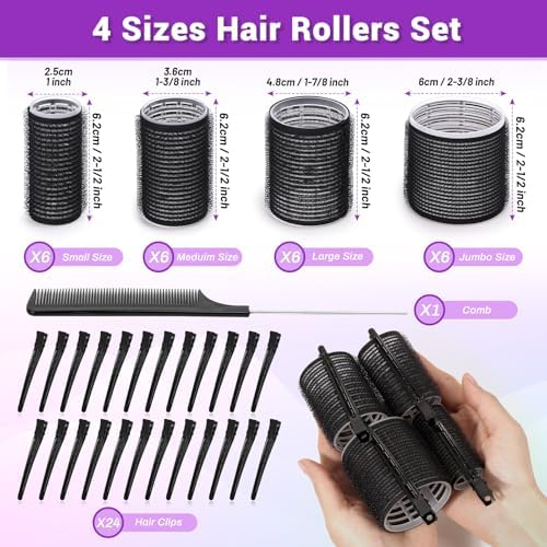 50 Pcs Rollers Hair Curlers Set with 24Pcs Self Grip Hair Rollers 4 Sizes and 24 Pcs Clips for Blowout Look Long Medium Short Thick Hair Volume - Image 3