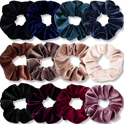 IVARYSS Velvet Scrunchies for Women, 12 Pcs Dark Colors Classic Elastic Thick Scrunchy Bands Ties, Soft Ropes Ponytail Holder Hair Accessories by IVARYSS