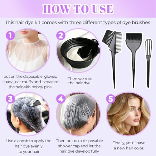 19PCS Hair Dye Kit, Hair Coloring Supplies Set with 3 Brushes, Collapsible Bowl, 4 Clips, 4 Ear Muffs, 2 Gloves, 2 Shawls, 2 Shower Caps – Reusable Home & Salon Hair Color Tools - Image 4