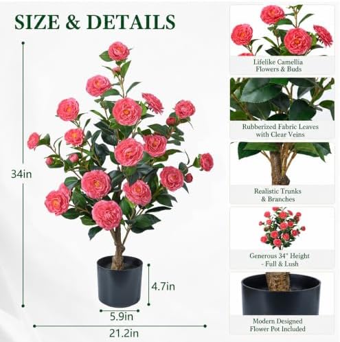 HyeFlora 3ft Artificial Camellia Tree 2 Pack, 34 Inches Faux Camellia Plant in Pot,Fake Potted Camellia Flower Trees UV Resistant for Modern Home Office Living Room Floor Indoor Outdoor Patio Decor - Image 2