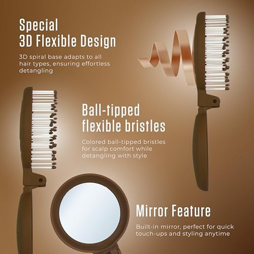 Mini Detangler Travel Hair Brush with Mirror, Makaron Hair Brushes for Women, Men and Kids, Unique 3D Flexible Design for All Hair Types, Styling Accessory, Travel Essentials for Women (DARK BROWN) - Image 2