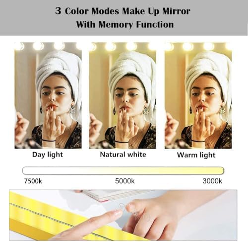 22.8"x 18.1" Vanity Mirror Makeup Mirror with Lights,10X Large Hollywood Lighted Vanity Mirror with 15 Dimmable LED Bulbs,3 Color Modes,Touch Control for Bedroom,Tabletop or Wall-Mounted - Image 2