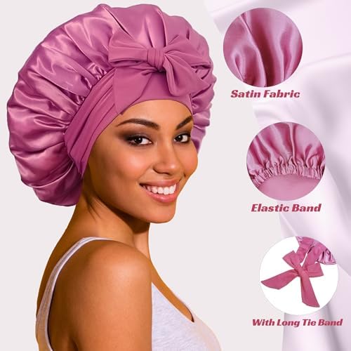 ROYBENS Satin Bonnet with Tie, Silk Hair Sleep Bonnets for Women +Scrunchie - Image 2