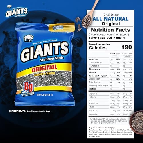 GIANTS Original Sunflower Seeds - Bulk, Lightly Salted for Eating, High Protein Snack with 8g Protein Per Serving - 5.75 Oz Bags (Pack of 3) - Image 2