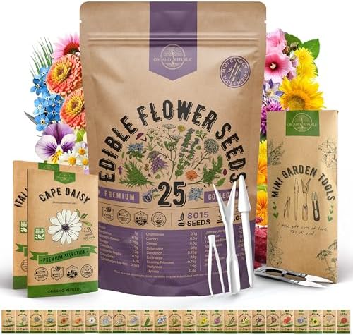 Organo Republic 25 Edible Flower Seeds Variety Pack for Indoor Outdoor Gardening - 8,000+ Non-GMO Heirloom Flower Seeds: Anise, Hyssop, Nasturtium, Pansy, Echinacea, Lavender, Chives & More by OrganoRepublic