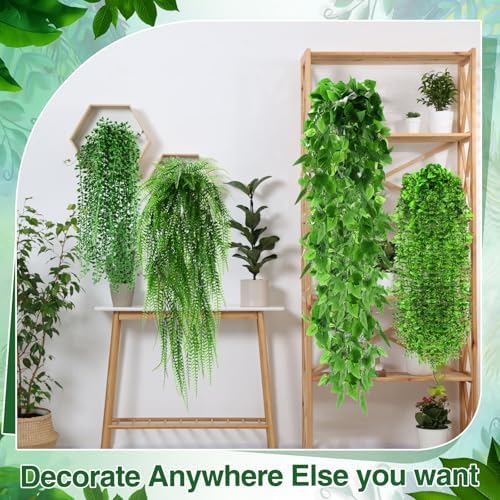 Daifunli 12 Pcs Artificial Hanging Plants Fake Hanging Ferns Plastic Faux Plants for Wall Room Garden Garland Indoor Outdoor Decor No Basket (Boston,Eucalyptus,Ivy Vine,String of Pearls) - Image 4