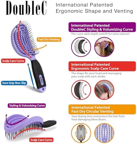 NuWay DoubleC Detangling Hair Brush – The Original Home Scalp-Care Brush – Patented Double Curved Scalp Care Hairbrush for Gentle Detangling, Volume Styling & Wet or Dry Hair (Violet) - Image 2