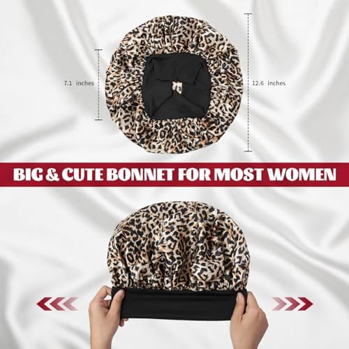 ZHENSILK 2Pcs Satin Bonnet for Sleeping, Silk Hair Bonnets, Soft Elastic Band Silk Sleep Cap, Hair Wrap for Women(Black Leopard) - Image 2