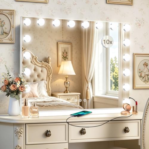 Ratsamee Hollywood Vanity Mirror with Lights, 18 Dimmable Bulbs, 3 Color Lights,Make Up Lighted Mirror, Aluminum Metal Frame, USB Charging Port（32" x 24"） by RATSAMEE