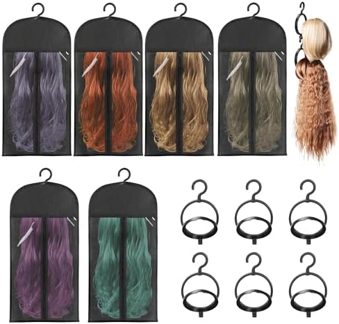 KOLLIEE 6 Pcs Wig Bags Storage with Wig Hanger Dust-proof for Multiple Wigs Hanging Storage Bags Organizer Foldable Easy Carry Suitable for Home Travel Hair Salon Black by KOLLIEE